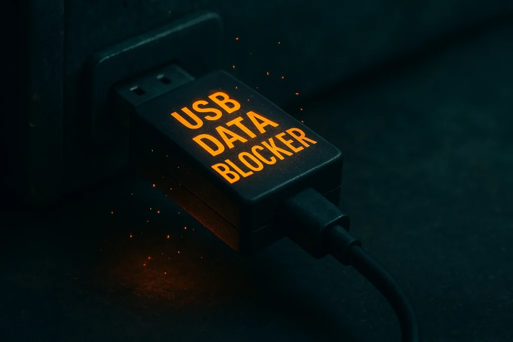 A USB data blocker plugged into a port